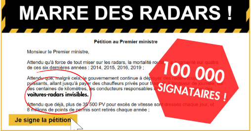 Marre des radars&nbsp;: merci pour vos 100 000 signatures !